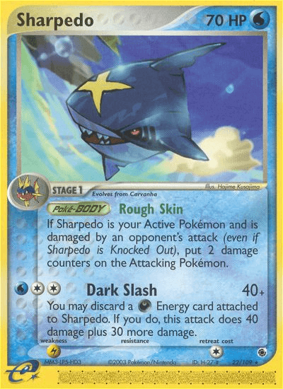 Sharpedo (22/109) [EX: Ruby & Sapphire] trading card featuring Water type and Rare status.