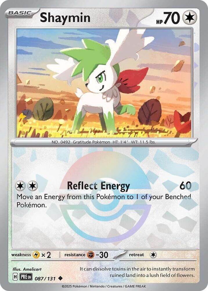 Shaymin (087/131) (Poke Ball Pattern) [Scarlet & Violet: Prismatic Evolutions] card featuring Reflect Energy attack.