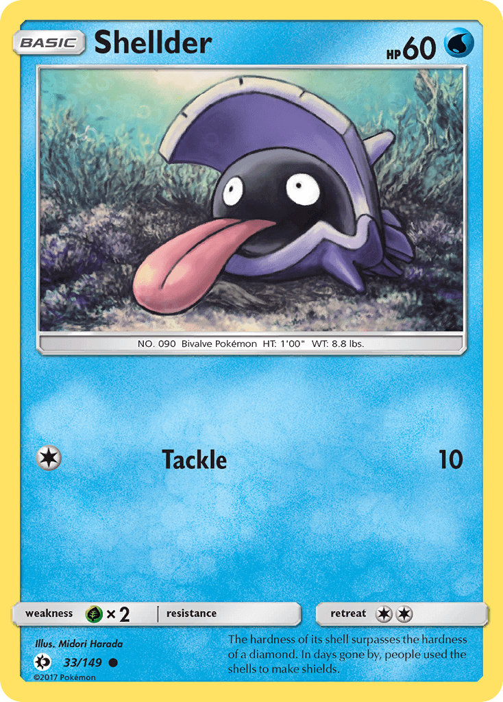 Shellder (33/149) [Sun & Moon: Base Set] featuring the Water-type Pokémon with a tongue and unique shell design.