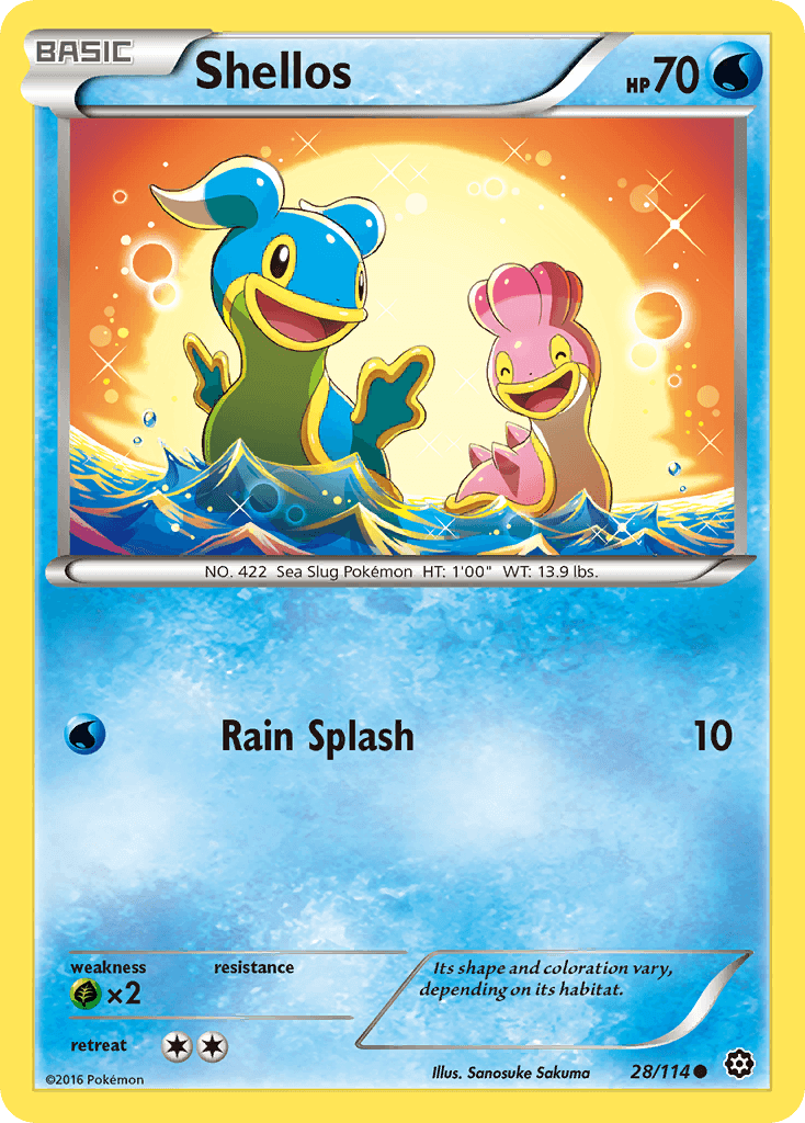 Shellos (28/114) [XY: Steam Siege] card featuring two colorful Shellos in water with background sparkles.