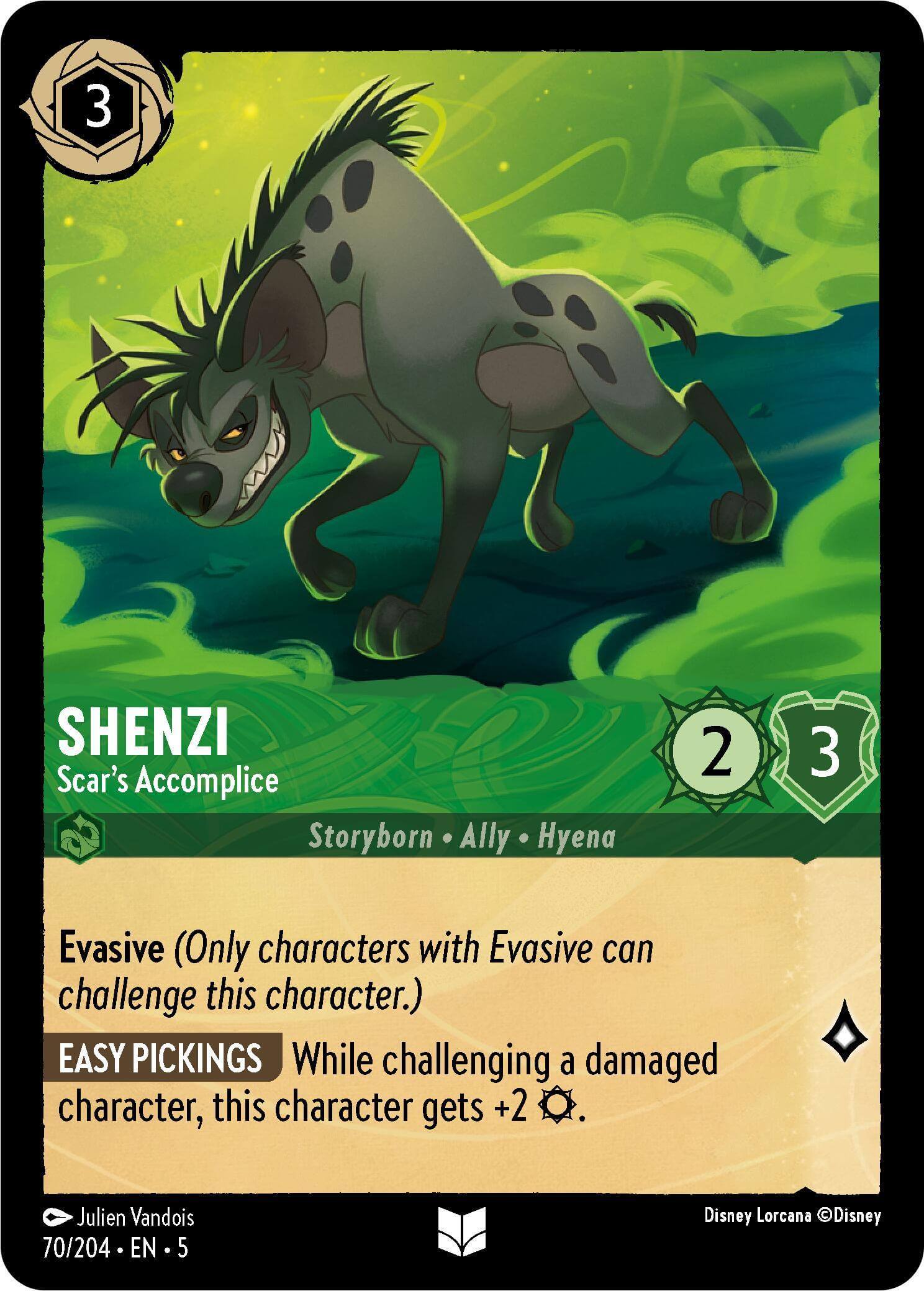 Shenzi - Scar's Accomplice (70/204) [Shimmering Skies] card showcasing character abilities and attributes.