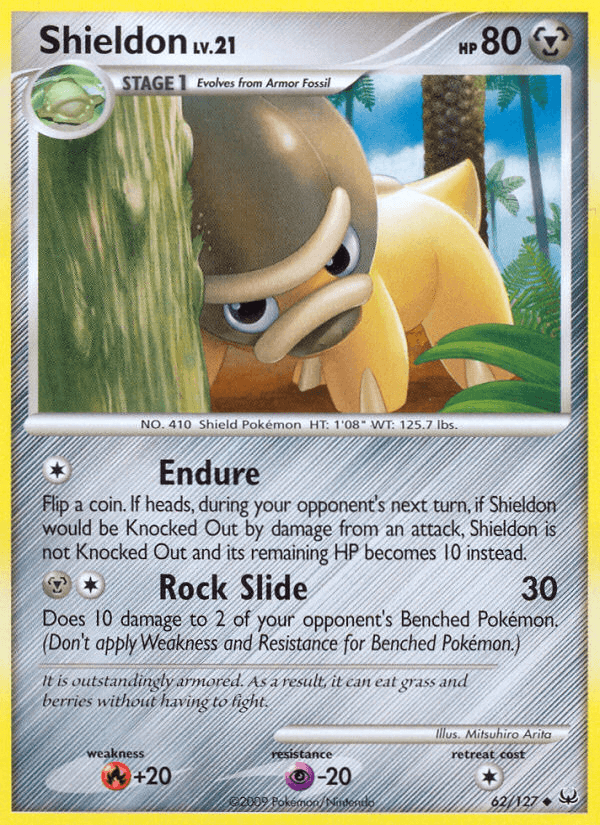 Shieldon (62/127) [Platinum: Base Set] - Uncommon metal Pokémon card featuring unique abilities.