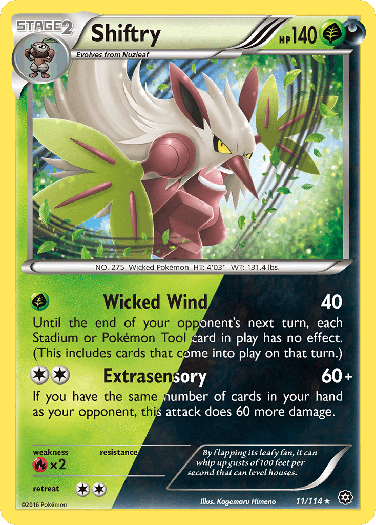 Shiftry (11/114) [XY: Steam Siege] collectible card featuring Grass and Darkness types with unique attacks.