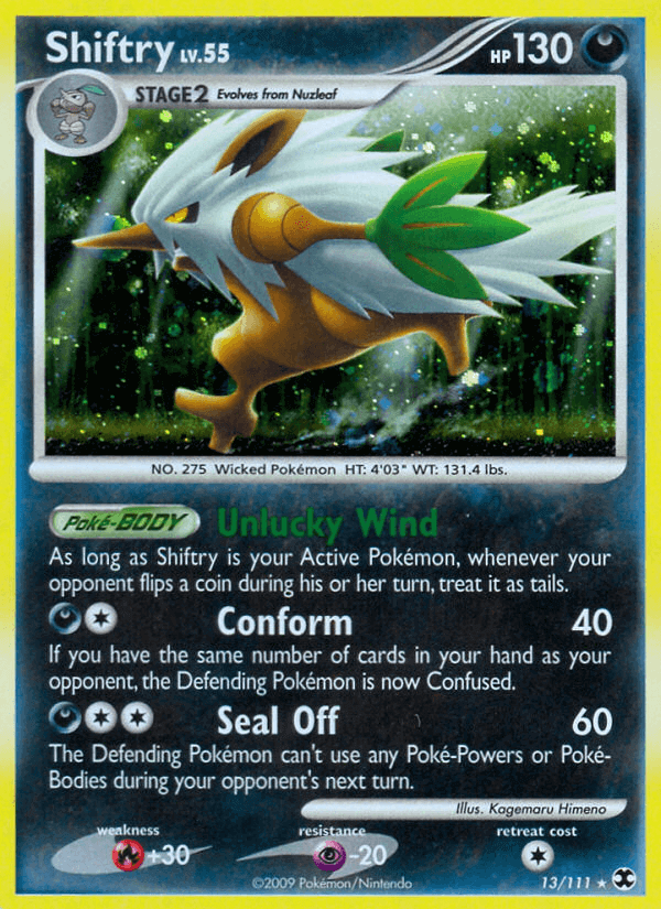 Shiftry (13/111) [Platinum: Rising Rivals] Holo Rare card with Unlucky Wind ability and HP 130.