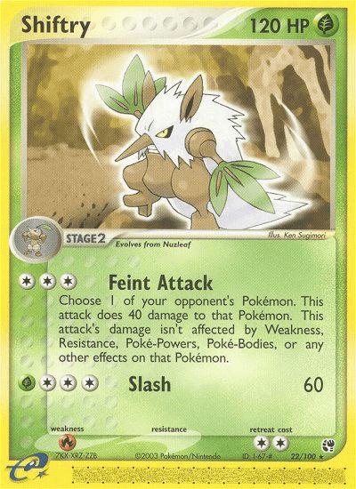 Shiftry (22/100) [EX: Sandstorm] card featuring Feint Attack and Slash attacks with Grass type attributes.
