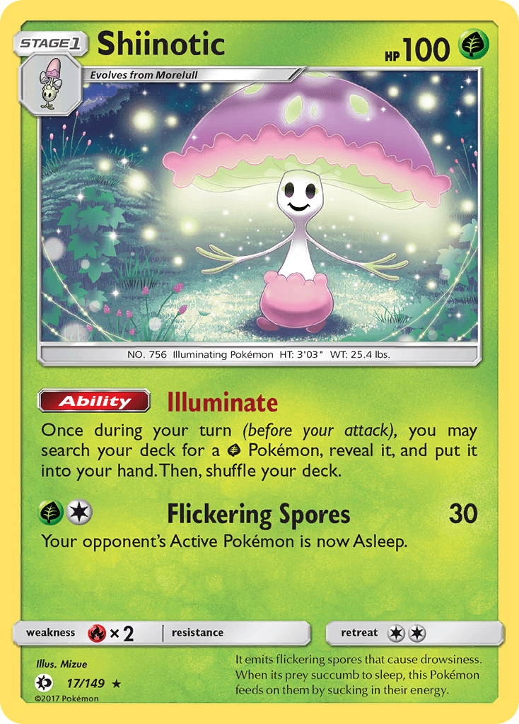 Shiinotic (17/149) [Sun & Moon: Base Set] Holo Rare card with Illuminate ability and Flickering Spores attack