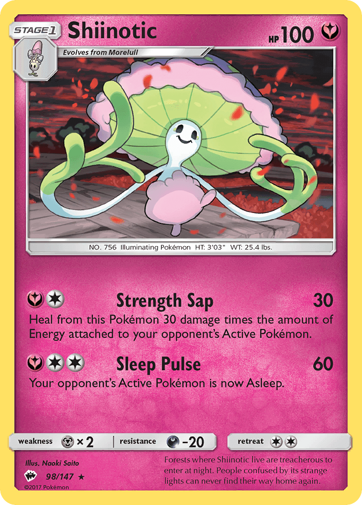 Shiinotic (98/147) [Sun & Moon: Burning Shadows] trading card showcasing its abilities and design.