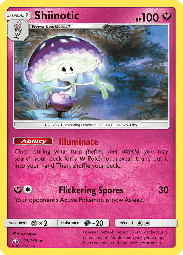 Shiinotic (93/156) [Sun & Moon: Ultra Prism] card showcasing HP 100 and abilities like Illuminate and Flickering Spores.