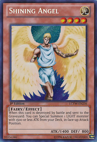 Shining Angel [LCYW-EN236] Secret Rare card featuring an angelic monster with special summon ability.