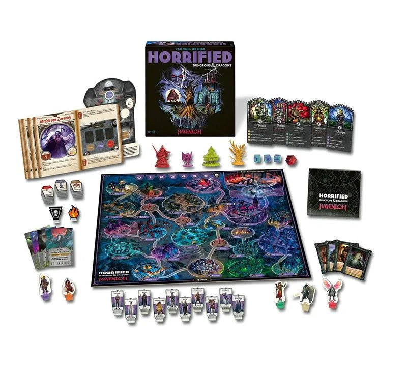 Horrified Dungeons & Dragons Ravenloft board game components including map, monsters, and cards.