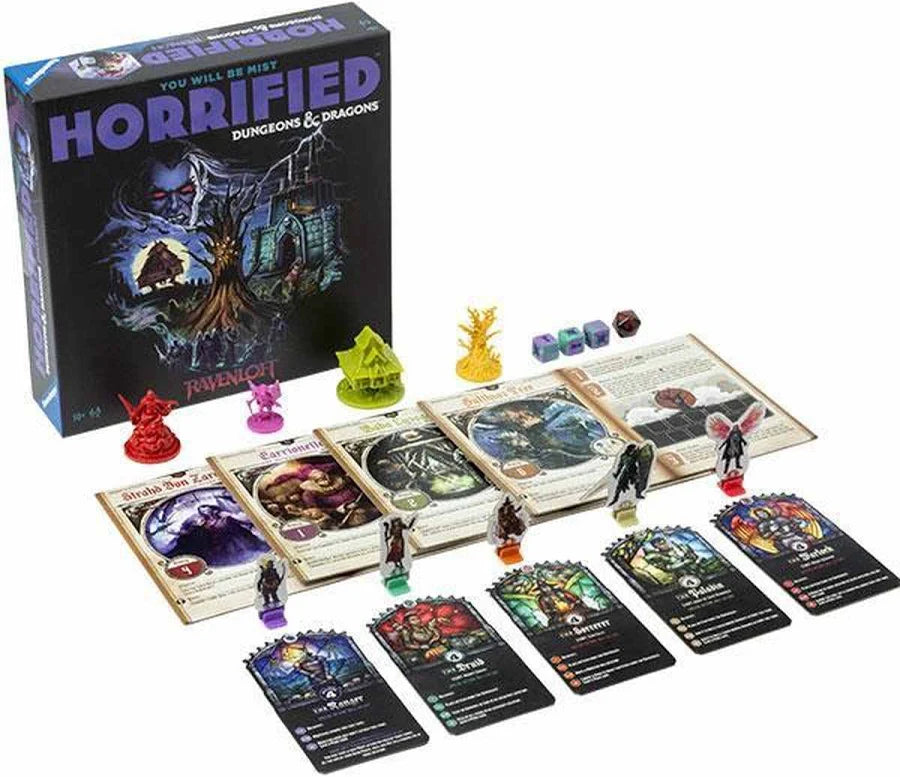 Horrified Dungeons & Dragons Ravenloft game setup featuring monsters, cards, and miniatures for players.