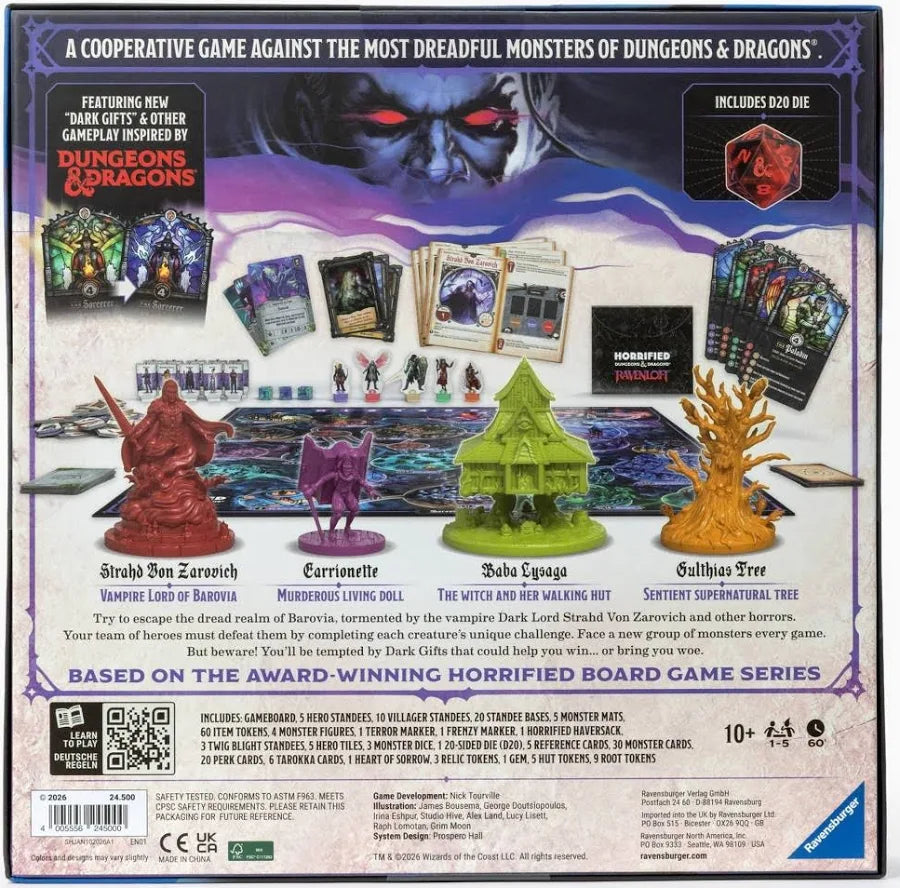 Horrified Dungeons & Dragons Ravenloft game box showcasing Strahd von Zarovich and other unique monsters.