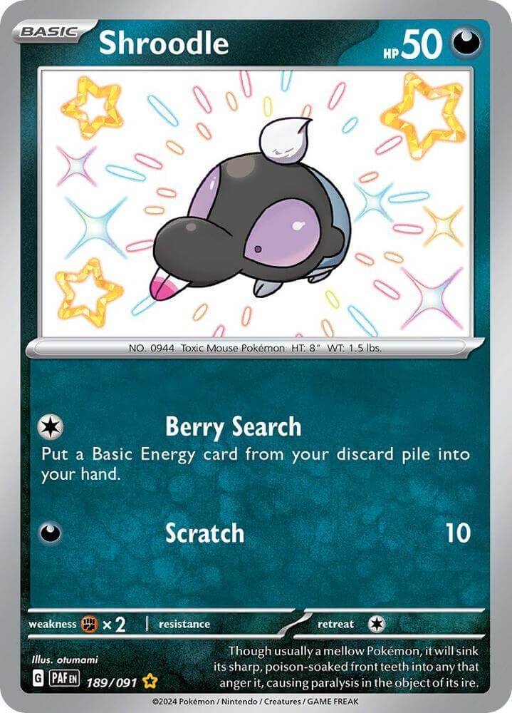 Shroodle (189/091) [Scarlet & Violet: Paldean Fates] card featuring Berry Search and Scratch attack.
