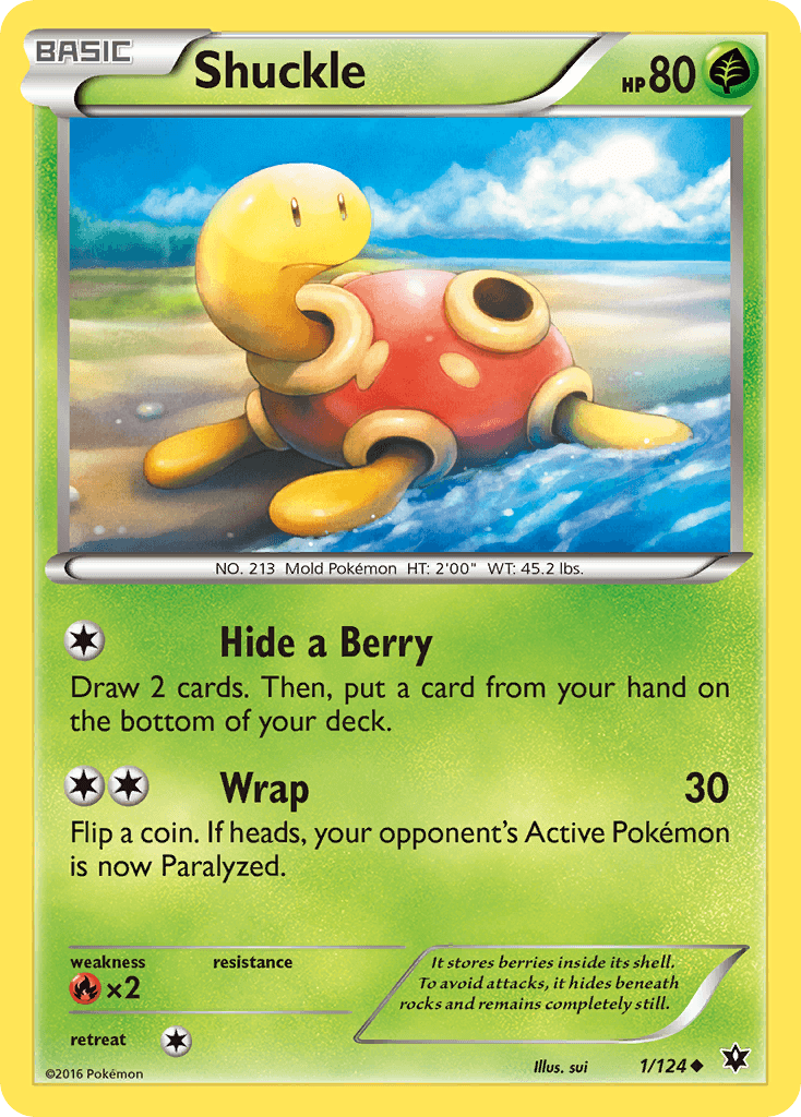 Shuckle (1/124) [XY: Fates Collide] trading card showcasing abilities like Hide a Berry and Wrap.