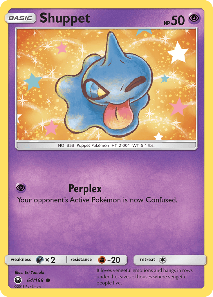 Shuppet (64/168) [Sun & Moon: Celestial Storm] card featuring HP 50 and the ability Perplex.