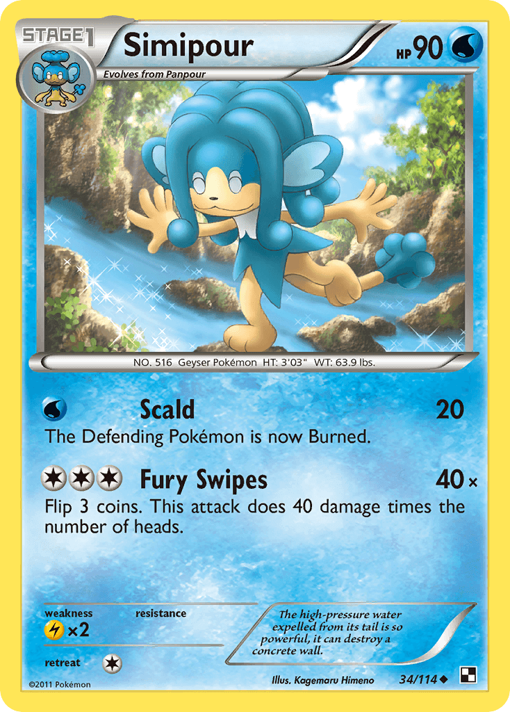 Simipour (34/114) [Black & White: Base Set] card showcasing its abilities and stats on a scenic background.