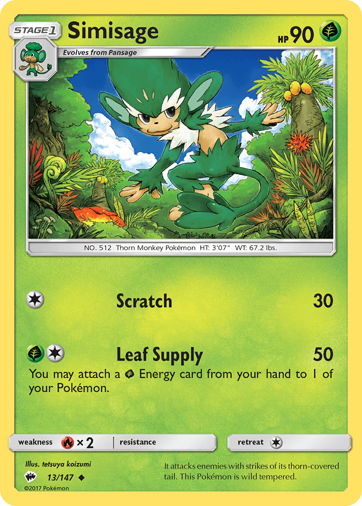 Simisage (13/147) [Sun & Moon: Burning Shadows] card showcasing its Grass type and moves, Scratch and Leaf Supply.