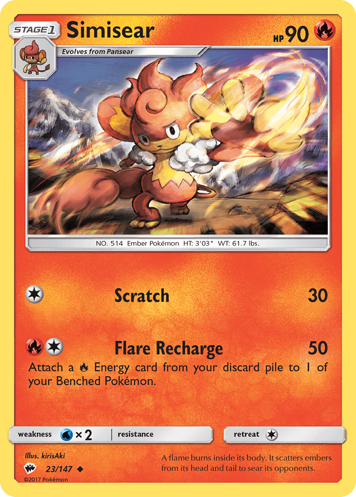 Simisear (23/147) [Sun & Moon: Burning Shadows] card featuring a fiery Pokémon with abilities like Scratch and Flare Recharge.
