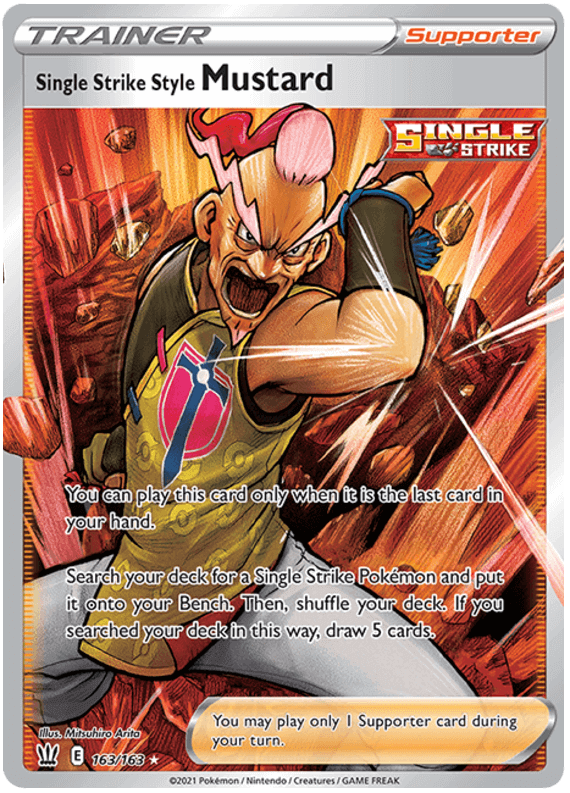 Single Strike Style Mustard (163/163) [Sword & Shield: Battle Styles] card featuring Mustard using his trainer ability.