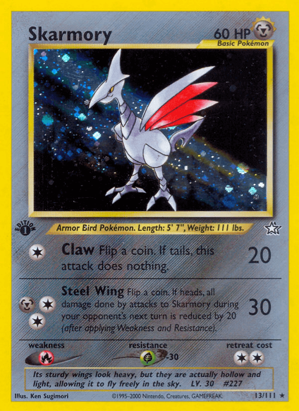 Skarmory (13/111) [Neo Genesis 1st Edition] trading card featuring attack details and metal type.