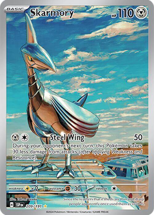 Skarmory (209/191) [Scarlet & Violet: Surging Sparks] shiny rare card with Steel Wing move and unique design.
