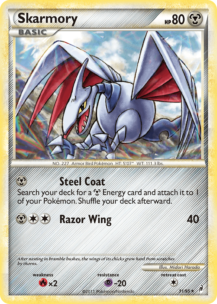 Skarmory (31/95) [HeartGold & SoulSilver: Call of Legends] card image featuring its Steel Coat and Razor Wing abilities.