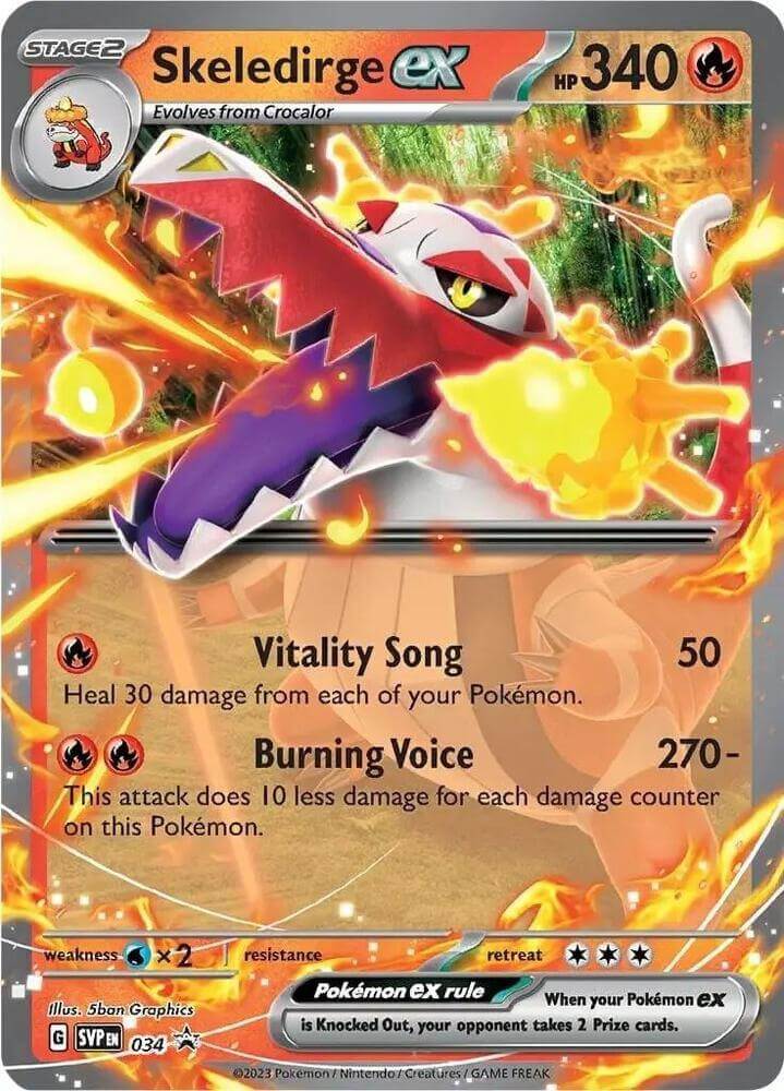 Skeledirge ex (034) [Scarlet & Violet: Black Star Promos] featuring HP 340 and abilities like Vitality Song and Burning Voice.