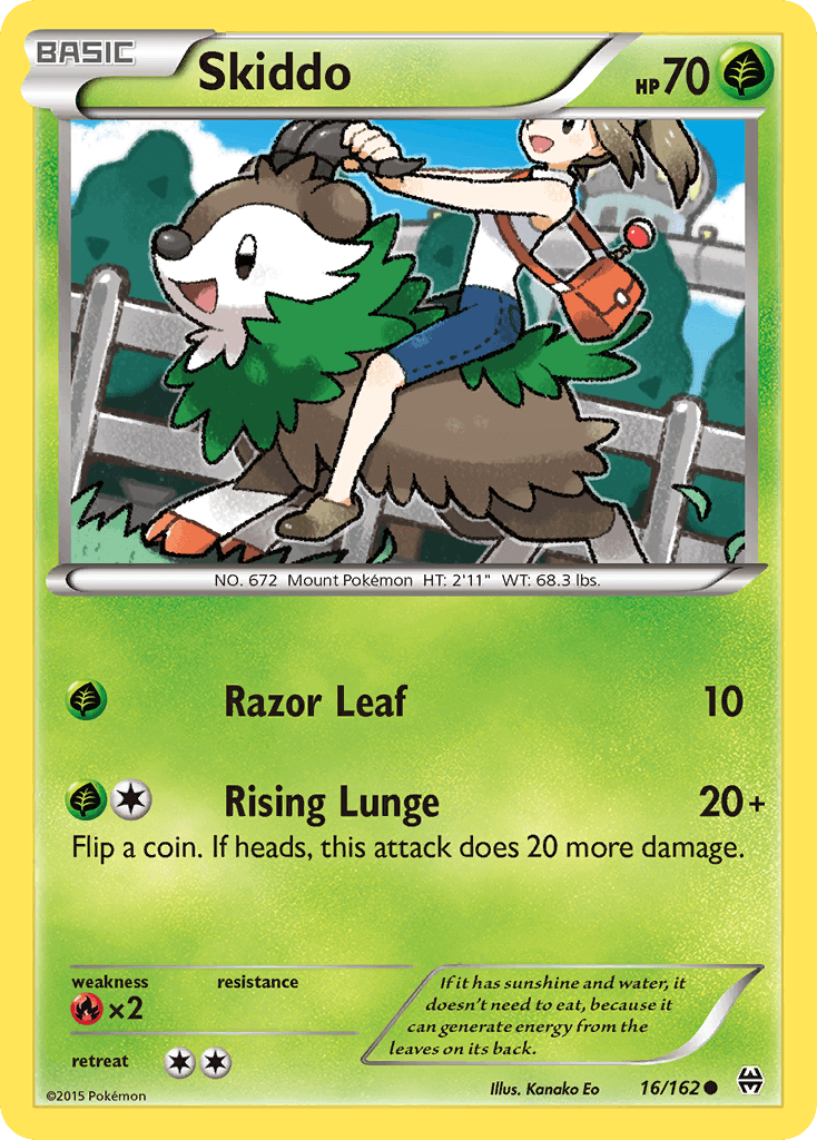 Skiddo (16/162) [XY: BREAKthrough] Grass type Pokémon card featuring abilities and details.
