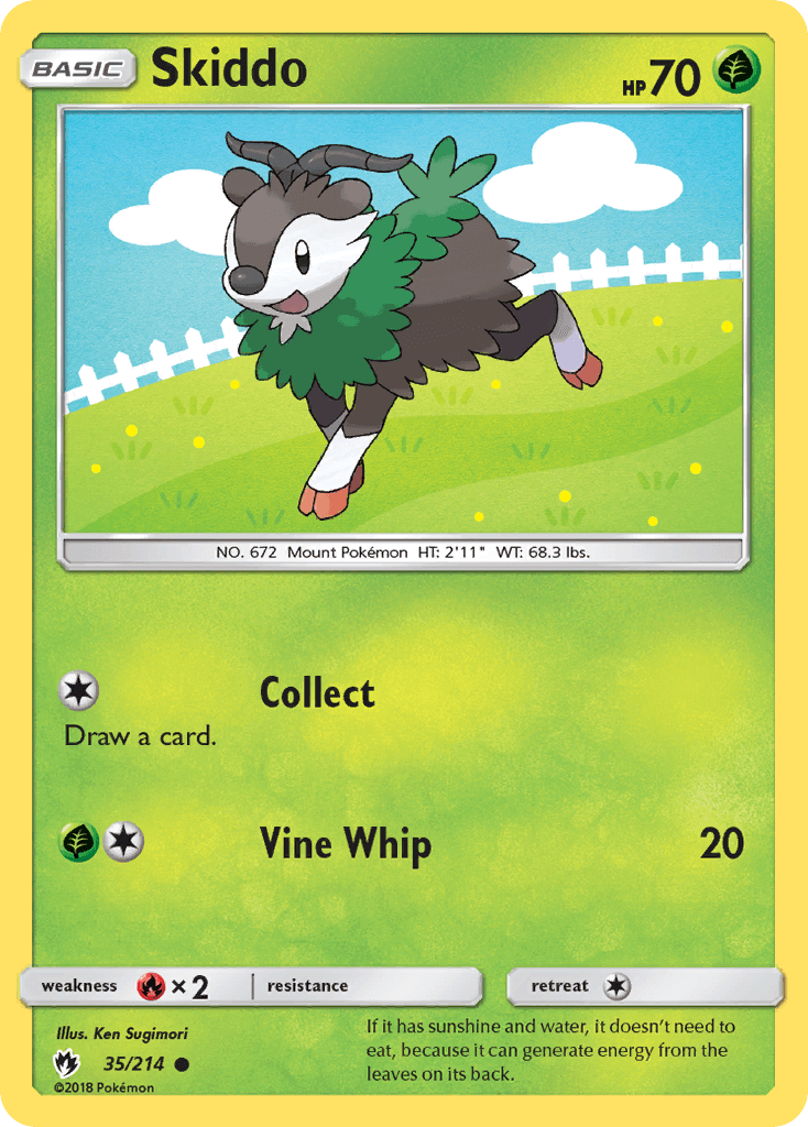 Skiddo (35/214) [Sun & Moon: Lost Thunder] card featuring a playful Skiddo in a grassy field.