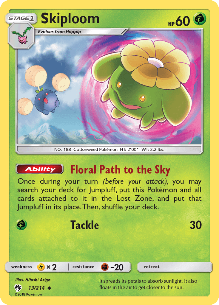 Skiploom (13/214) [Sun & Moon: Lost Thunder] card image showcasing Grass type Pokémon abilities.