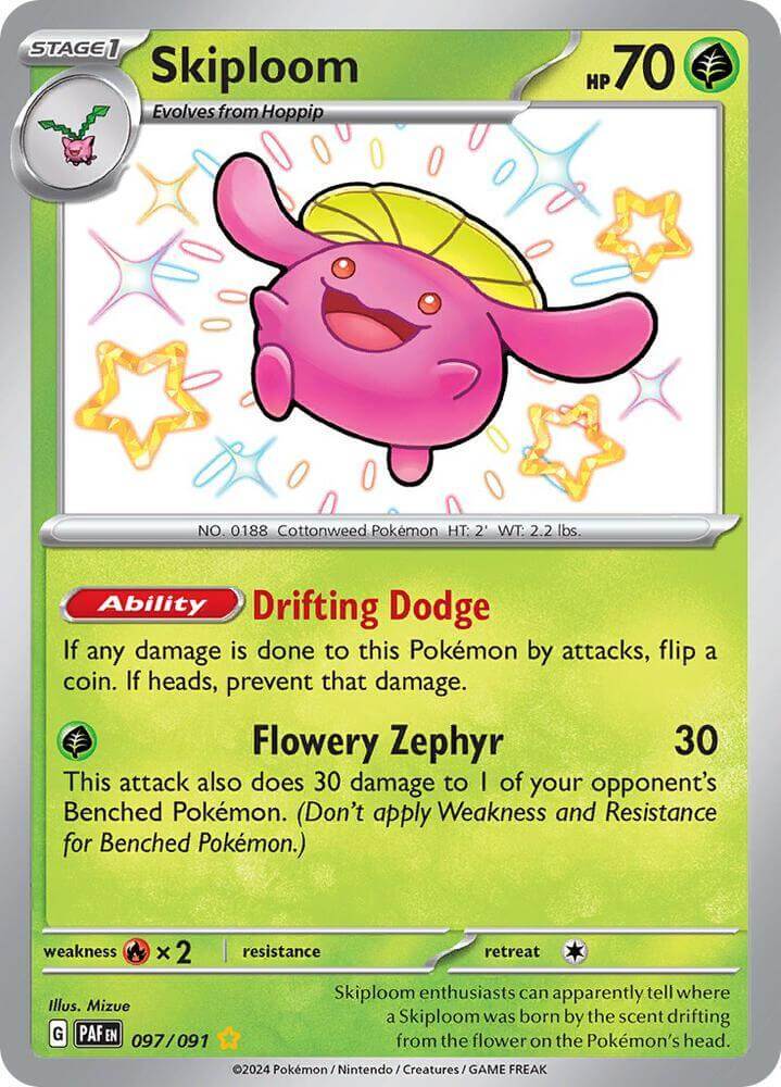 Skiploom (097/091) [Scarlet & Violet: Paldean Fates] featured card with abilities and stats.