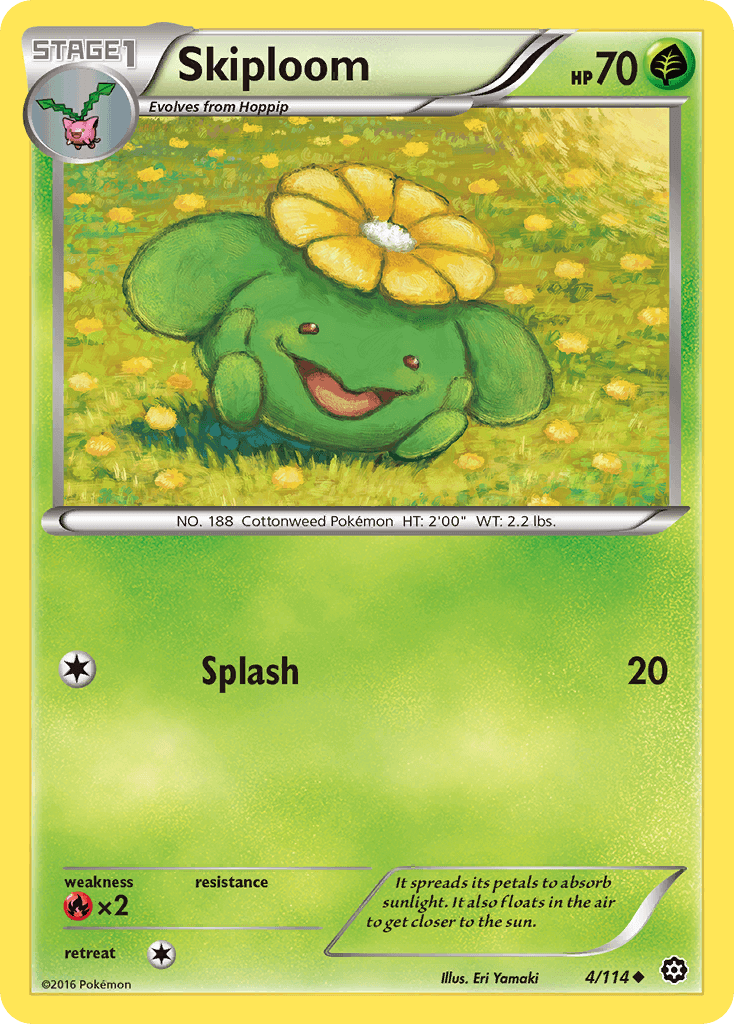 Skiploom (4/114) [XY: Steam Siege] card featuring a playful cottonweed Pokémon in a sunlit meadow.