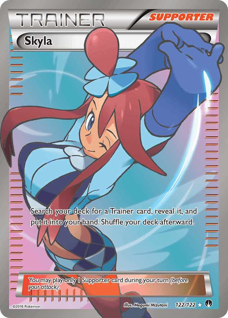 Skyla (122/122) [XY: BREAKpoint] Ultra Rare Supporter card, featuring dynamic artwork and gameplay text.