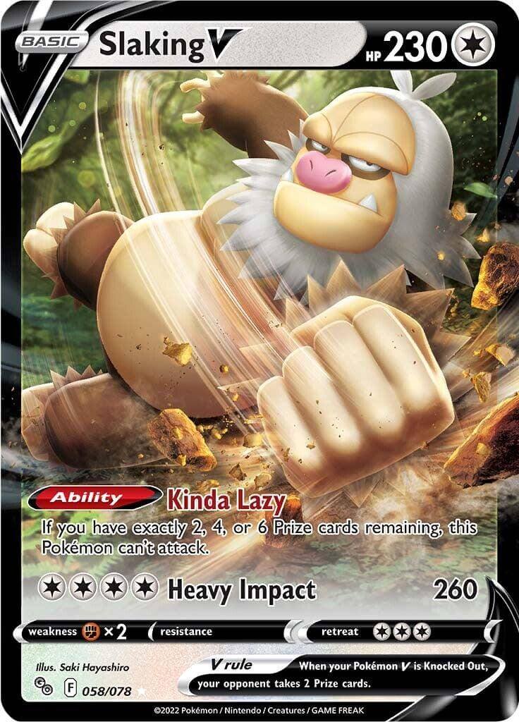 Slaking V (058/078) [Pokémon GO] showcasing its abilities and stats on a collectible card.