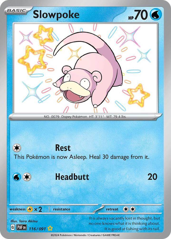 Slowpoke (116/091) [Scarlet & Violet: Paldean Fates] card displaying Water type and shiny rare features.