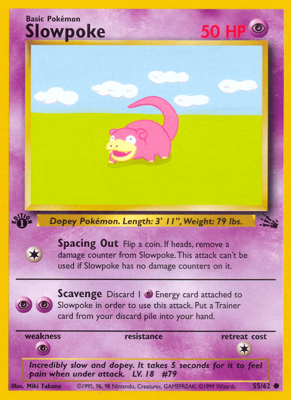 Slowpoke (55/62) [Fossil 1st Edition] Pokémon card featuring a pink Slowpoke with 50 HP and abilities like Spacing Out and Scavenge.