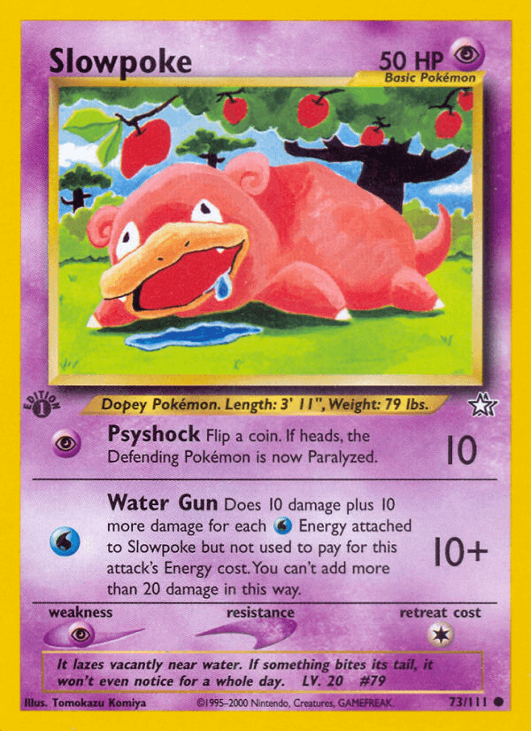 Slowpoke (73/111) [Neo Genesis 1st Edition] card featuring its abilities and stats.
