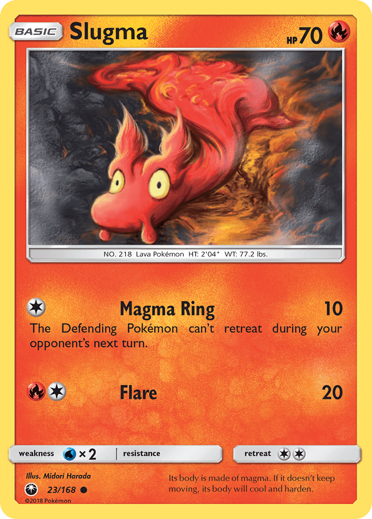 Slugma (23/168) [Sun & Moon: Celestial Storm] Pokémon card featuring lava-like creature with fire abilities.