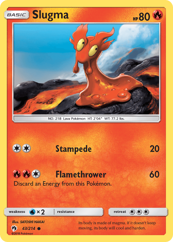Slugma (43/214) [Sun & Moon: Lost Thunder] Pokémon card featuring fiery lava creature.