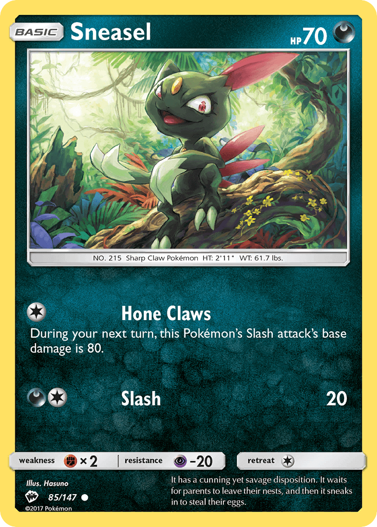 Sneasel (85/147) [Sun & Moon: Burning Shadows] trading card featuring HP 70 and abilities Hone Claws and Slash.