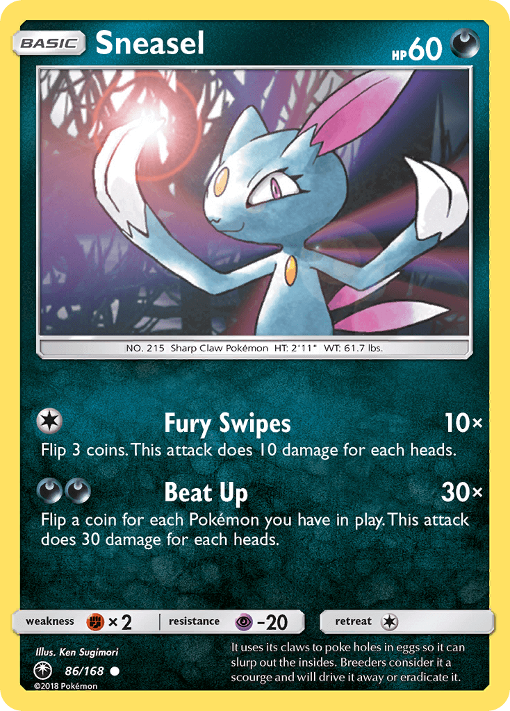 Sneasel (86/168) [Sun & Moon: Celestial Storm] card featuring Fury Swipes and Beat Up attacks.