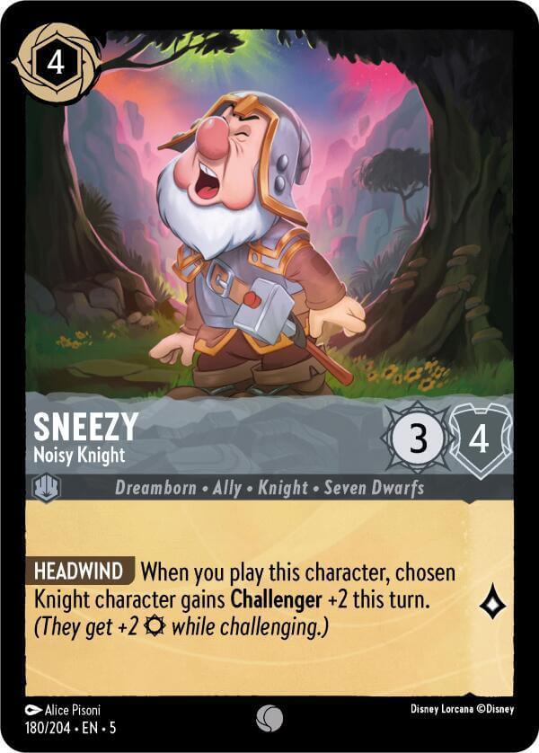 Sneezy - Noisy Knight (180/204) [Shimmering Skies] character card showcasing abilities and stats.