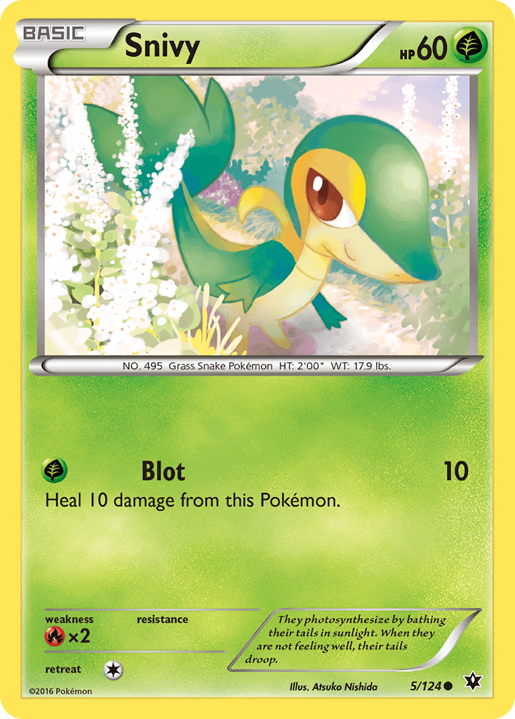 Snivy (5/124) [XY: Fates Collide] card featuring the Grass type Pokémon with Blot attack.