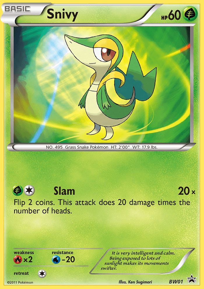 Snivy (BW01) [Black & White: Black Star Promos] card featuring a Grass Snake Pokémon with abilities and stats.