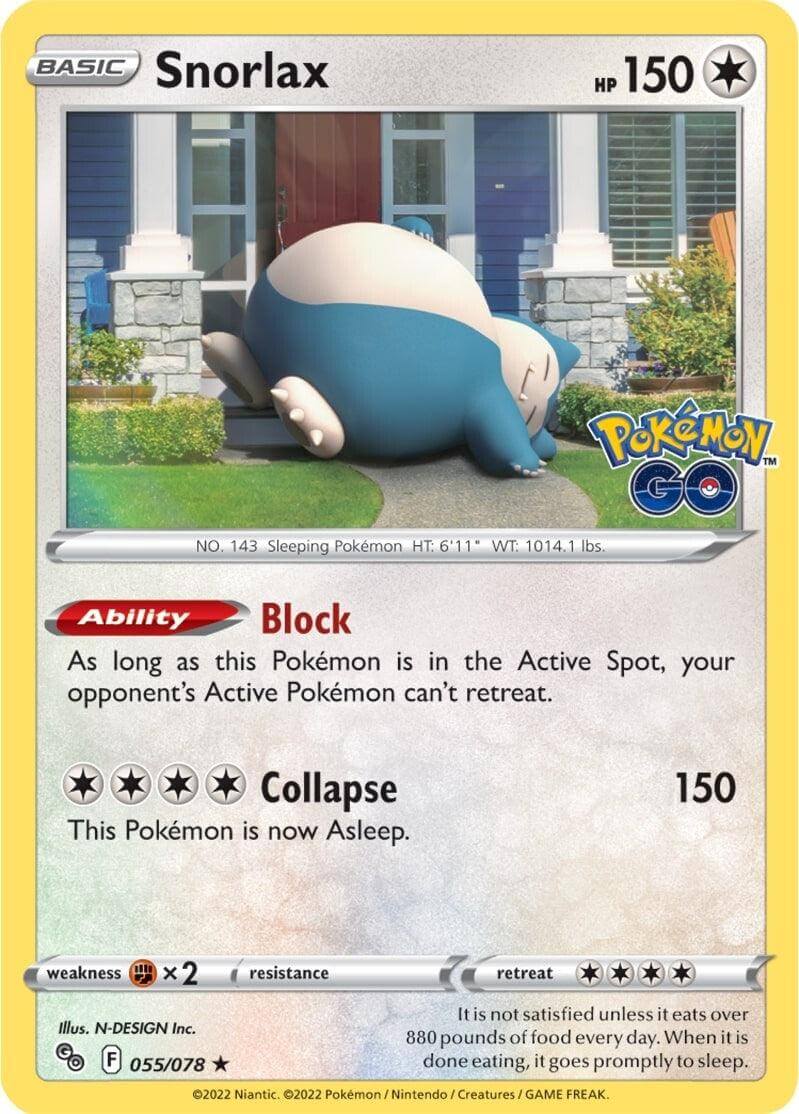 Snorlax (055/078) [Pokémon GO] card showcasing HP and abilities in a colorful design.