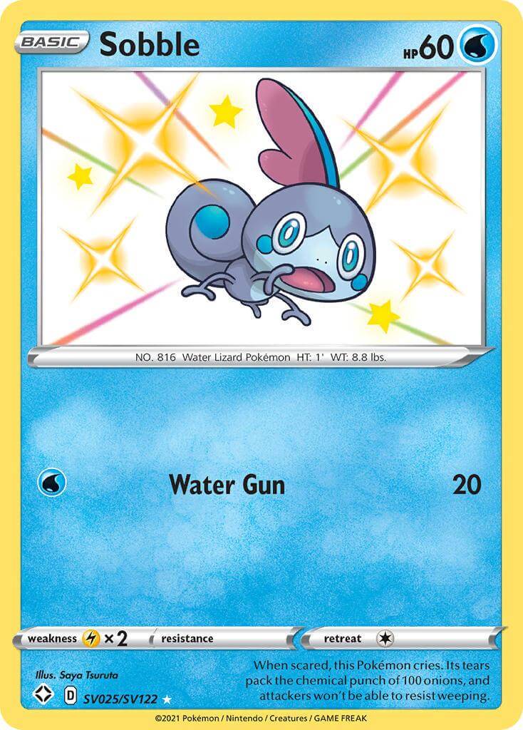 Sobble (SV025/SV122) [Sword & Shield: Shining Fates] ultra rare water type Pokémon card with Water Gun attack.