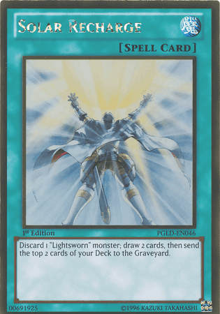 Solar Recharge [PGLD-EN046] Gold Rare, Normal Spell card with effects to draw cards and send cards to the Graveyard.