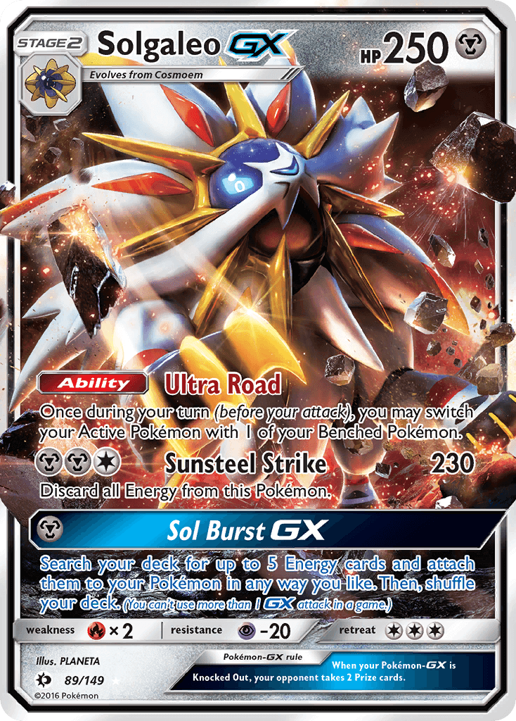 Solgaleo GX (89/149) [Sun & Moon: Base Set] trading card featuring Ultra Road ability and Sol Burst GX attack.