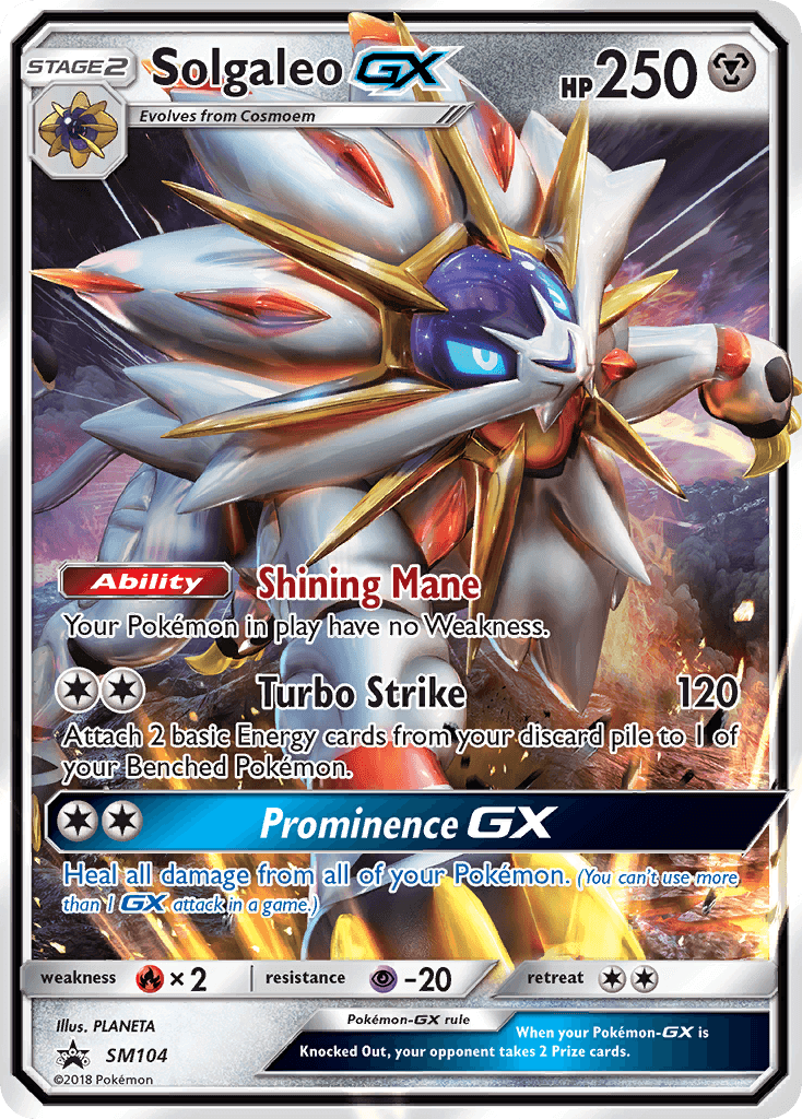 Solgaleo GX (SM104) [Sun & Moon: Black Star Promos] card showcasing abilities and stats.