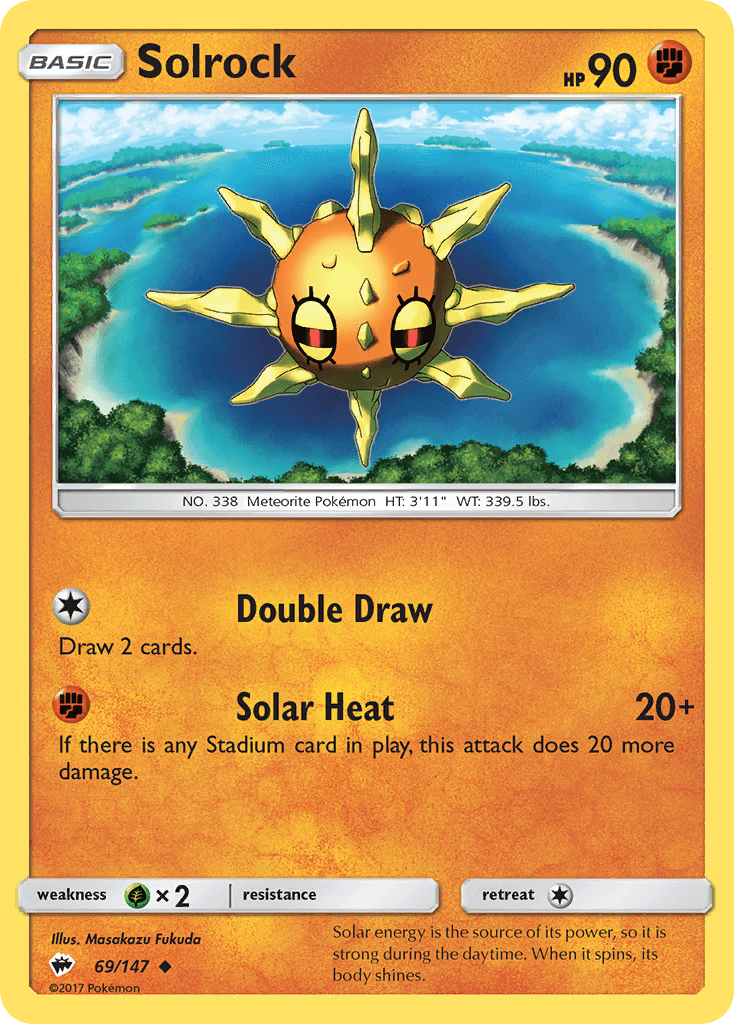 Solrock (69/147) [Sun & Moon: Burning Shadows] card showing abilities like Double Draw and Solar Heat.